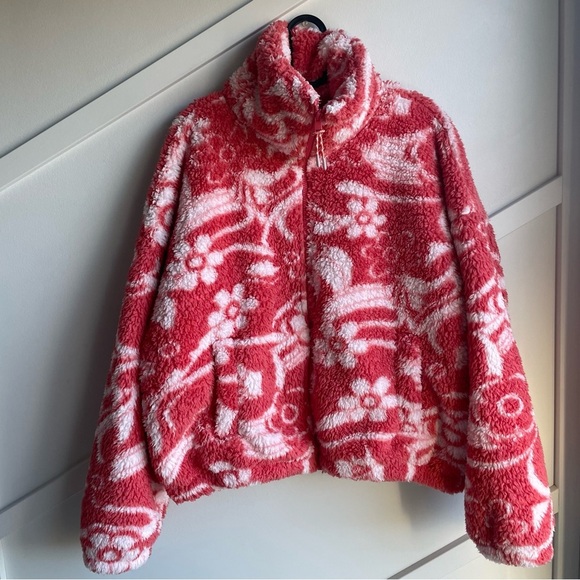 AE American Eagle Zip-Up Bear Hug Sherpa Jacket Pink Flowers XS oversized bomber - Picture 6 of 12
